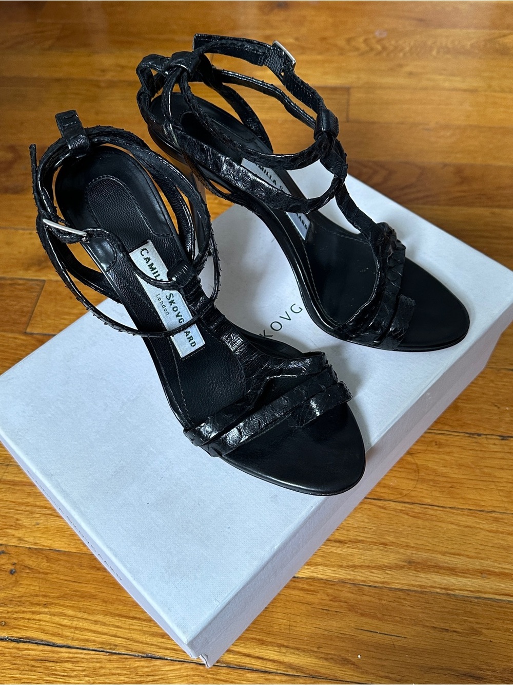 Camilla Skovgaard Victory Strap Thong Sandal in Black Python 36.5